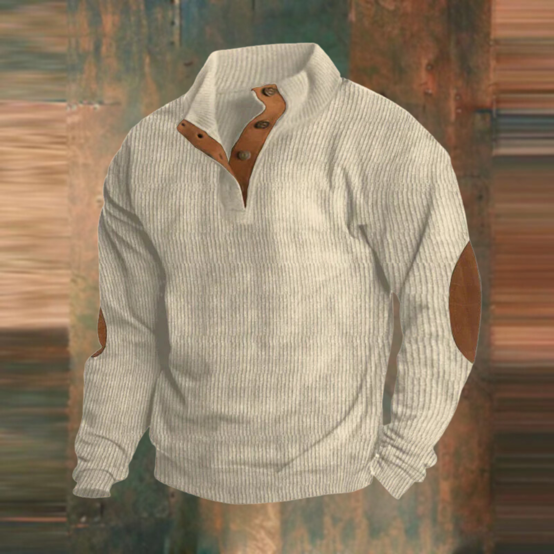 Men's Pullover Sweater with Stand Collar, Button Placket and Elbow Patches