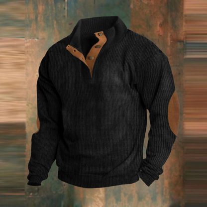 Men's Pullover Sweater with Stand Collar, Button Placket and Elbow Patches