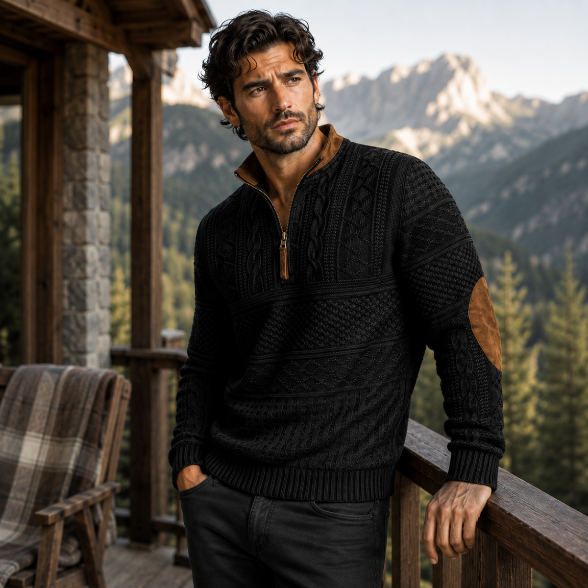 Men's Quarter-Zip Sweater with Elbow Patches and Textured Pattern