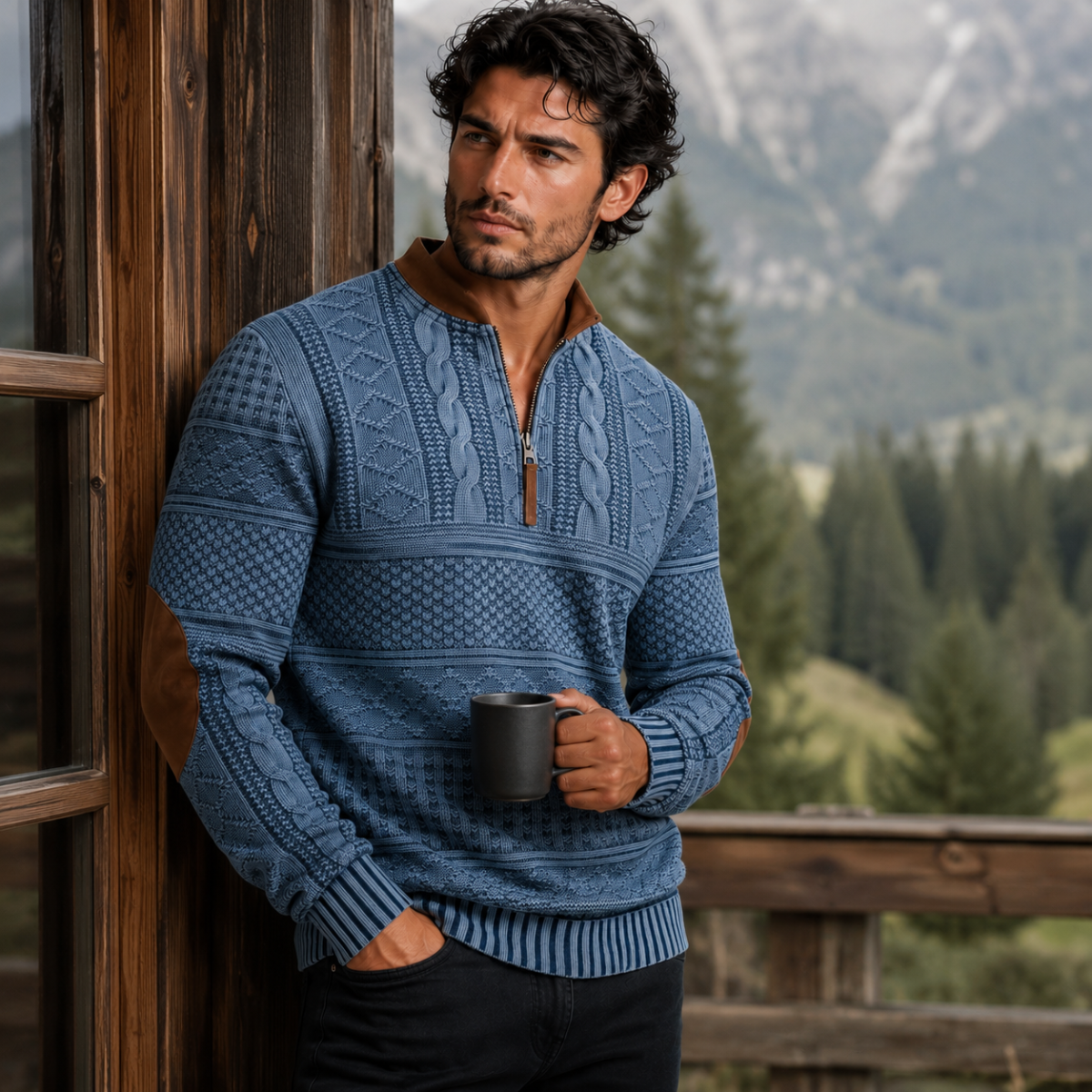 Men's Quarter-Zip Sweater with Elbow Patches and Textured Pattern