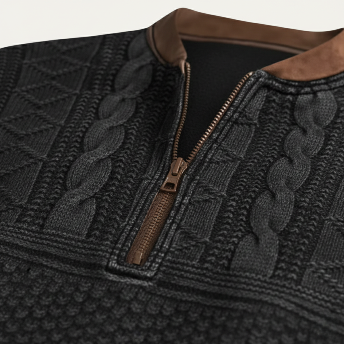 Men's Quarter-Zip Sweater with Elbow Patches and Textured Pattern