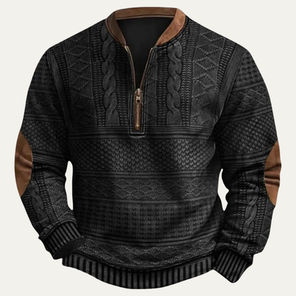 Men's Quarter-Zip Sweater with Elbow Patches and Textured Pattern