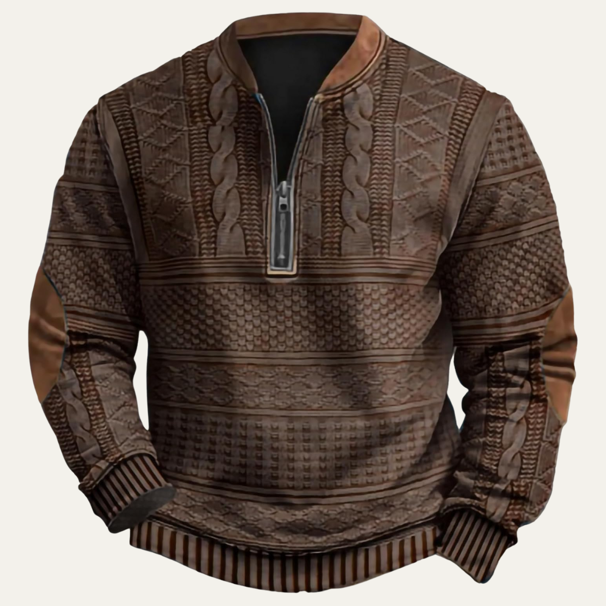 Men's Quarter-Zip Sweater with Elbow Patches and Textured Pattern