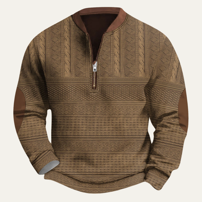 Men's Quarter-Zip Sweater with Elbow Patches and Textured Pattern