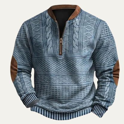 Men's Quarter-Zip Sweater with Elbow Patches and Textured Pattern