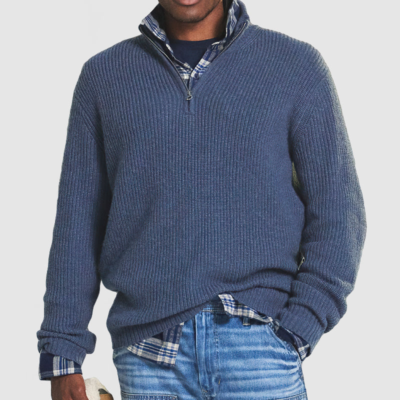 Men's Quarter-Zip Sweater with Stand Collar and Regular Fit