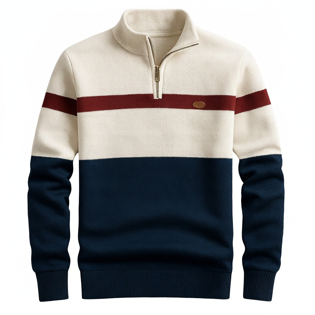 Men's Quarter-Zip Sweater with Stand Collar and Stripe Detail