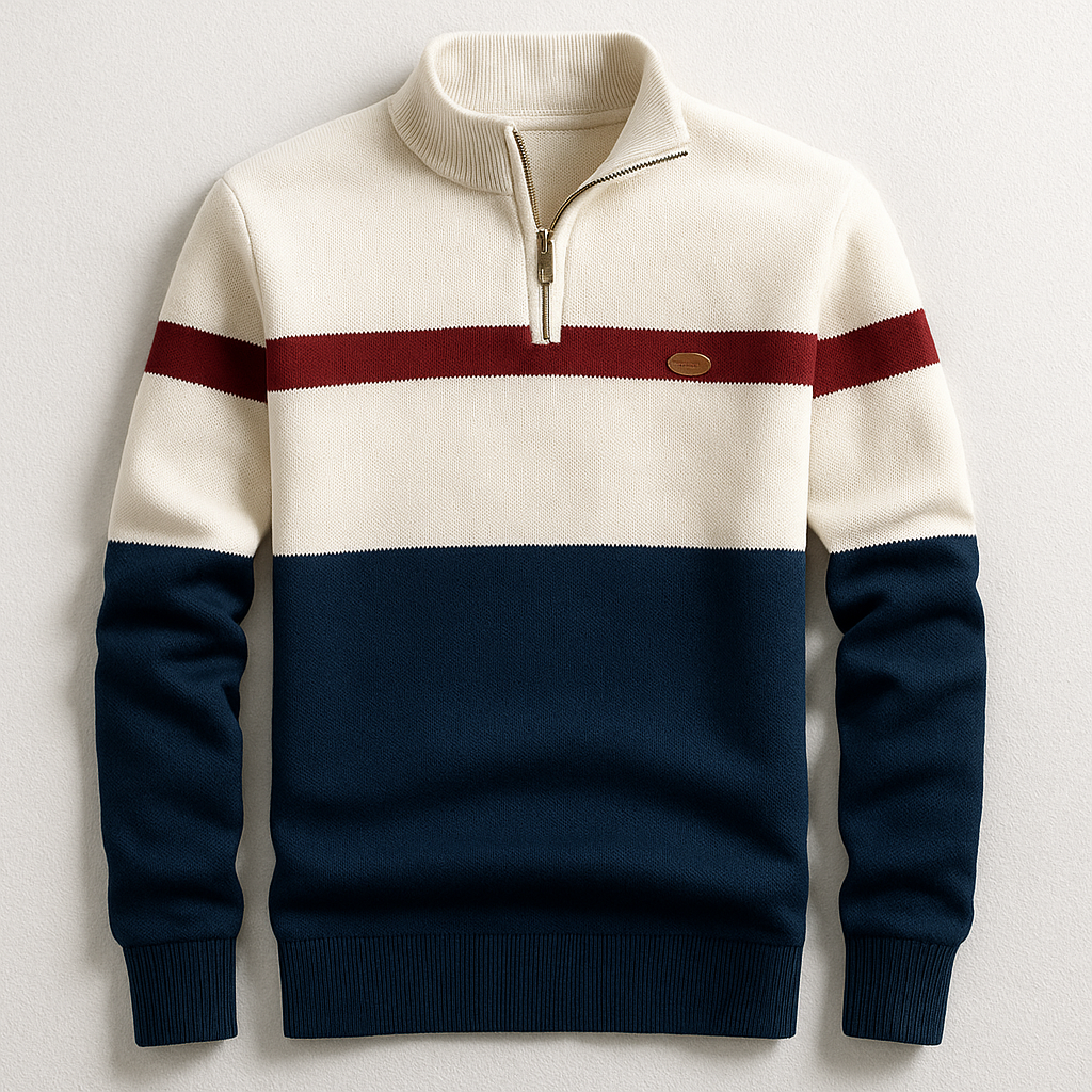 Men's Quarter-Zip Sweater with Stand Collar and Stripe Detail