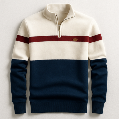 Men's Quarter-Zip Sweater with Stand Collar and Stripe Detail