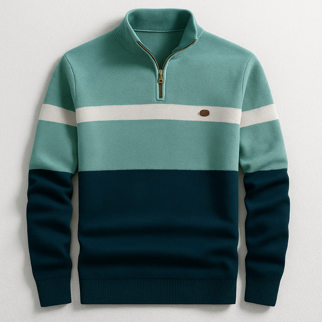 Men's Quarter-Zip Sweater with Stand Collar and Stripe Detail