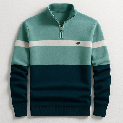 Men's Quarter-Zip Sweater with Stand Collar and Stripe Detail