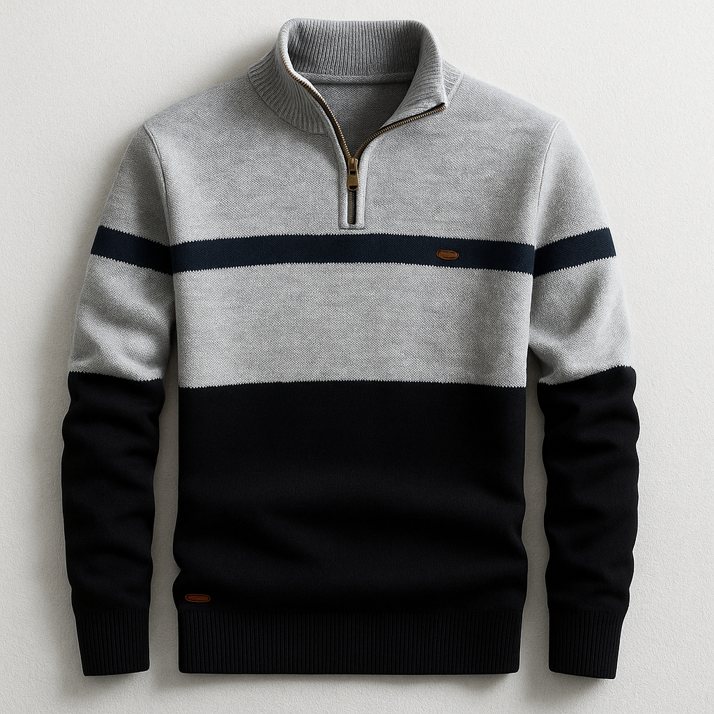Men's Quarter-Zip Sweater with Stand Collar and Stripe Detail