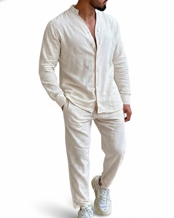 Men's Relaxed Fit Clothing Set with Long Sleeve Mandarin Collar Shirt and Trousers