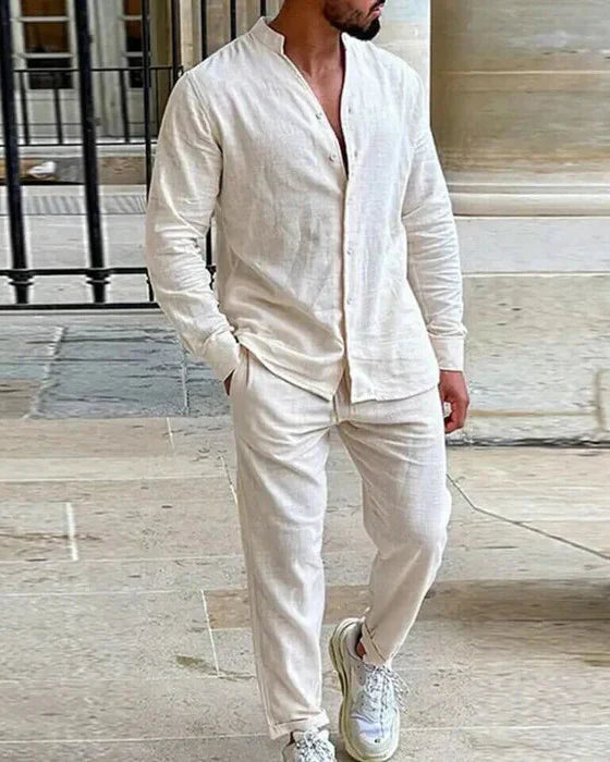Men's Relaxed Fit Clothing Set with Long Sleeve Mandarin Collar Shirt and Trousers