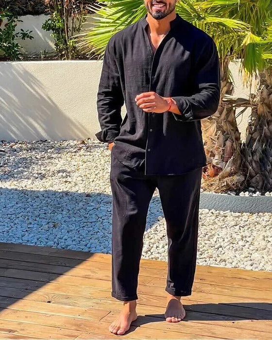 Men's Relaxed Fit Clothing Set with Long Sleeve Mandarin Collar Shirt and Trousers
