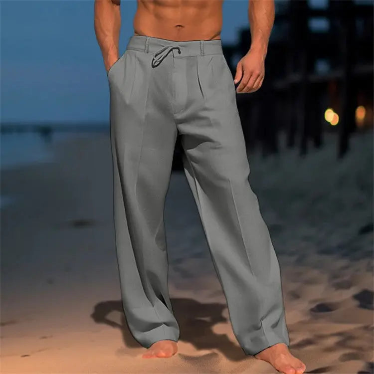 Men's Relaxed Fit Trousers with Drawstring Waist and Pleated Front