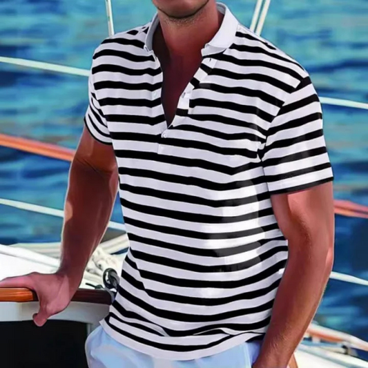 Men's Retro Striped Polo Shirt with Button Collar