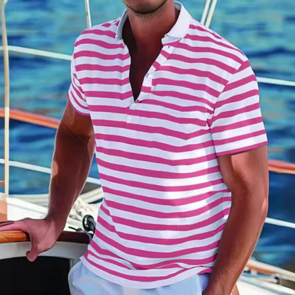 Men's Retro Striped Polo Shirt with Button Collar
