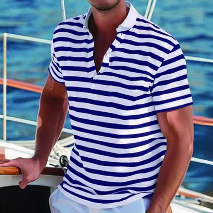 Men's Retro Striped Polo Shirt with Button Collar