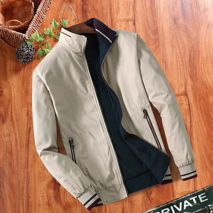 Men's Reversible Bomber Jacket with Stand Collar and Zip Pockets