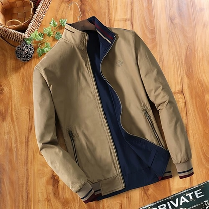 Men's Reversible Bomber Jacket with Stand Collar and Zip Pockets