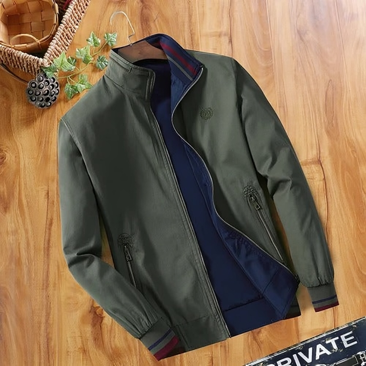 Men's Reversible Bomber Jacket with Stand Collar and Zip Pockets