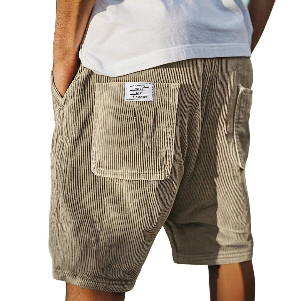 Men's Ribbed Shorts with Patch Pockets and Elastic Waist