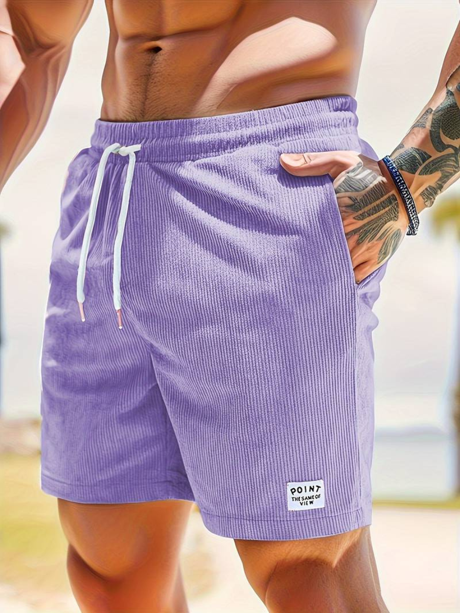 Men's Ribbed Shorts with Side Pockets and Drawstring Waist