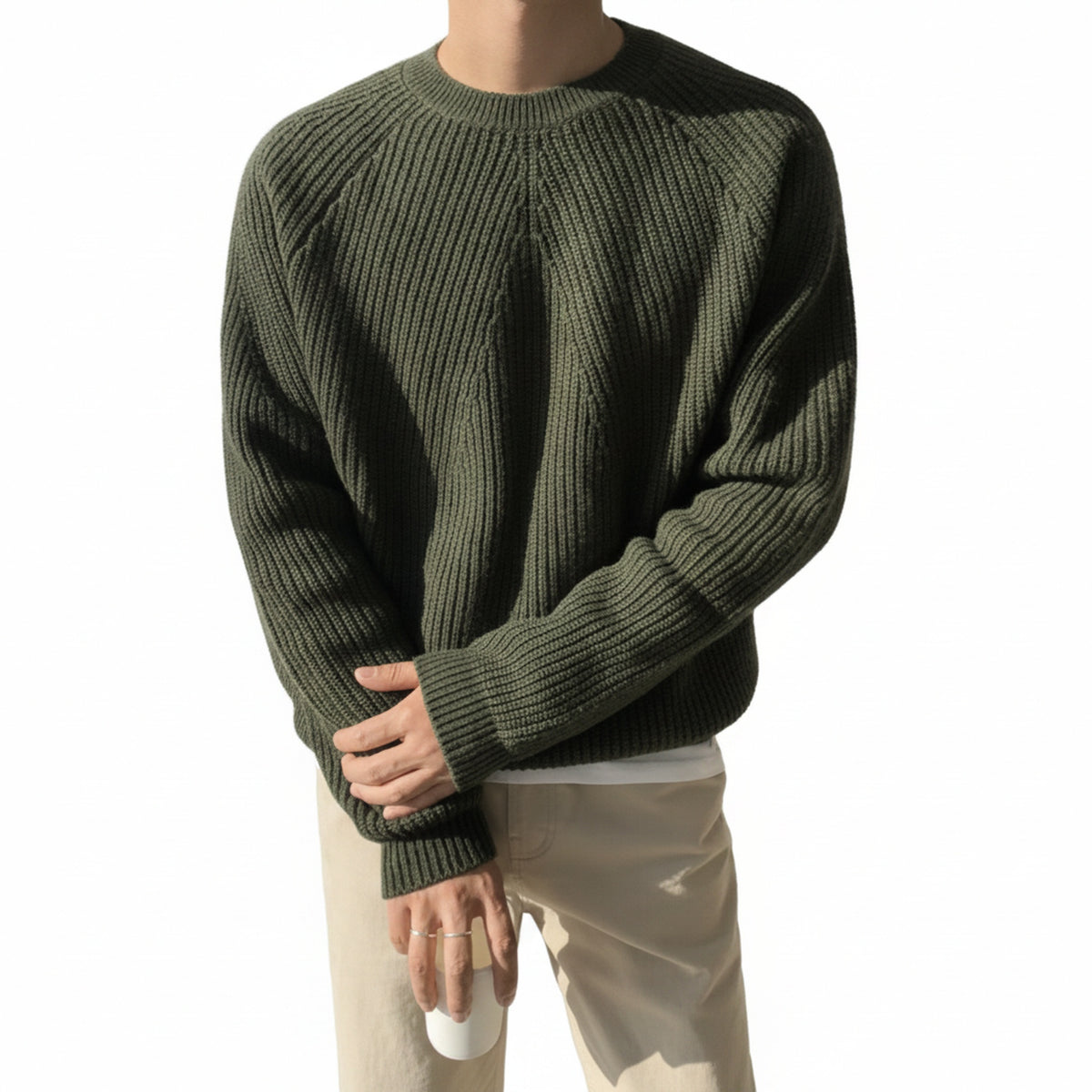 Men's Ribbed Sweater with Round Neck and Long Sleeves