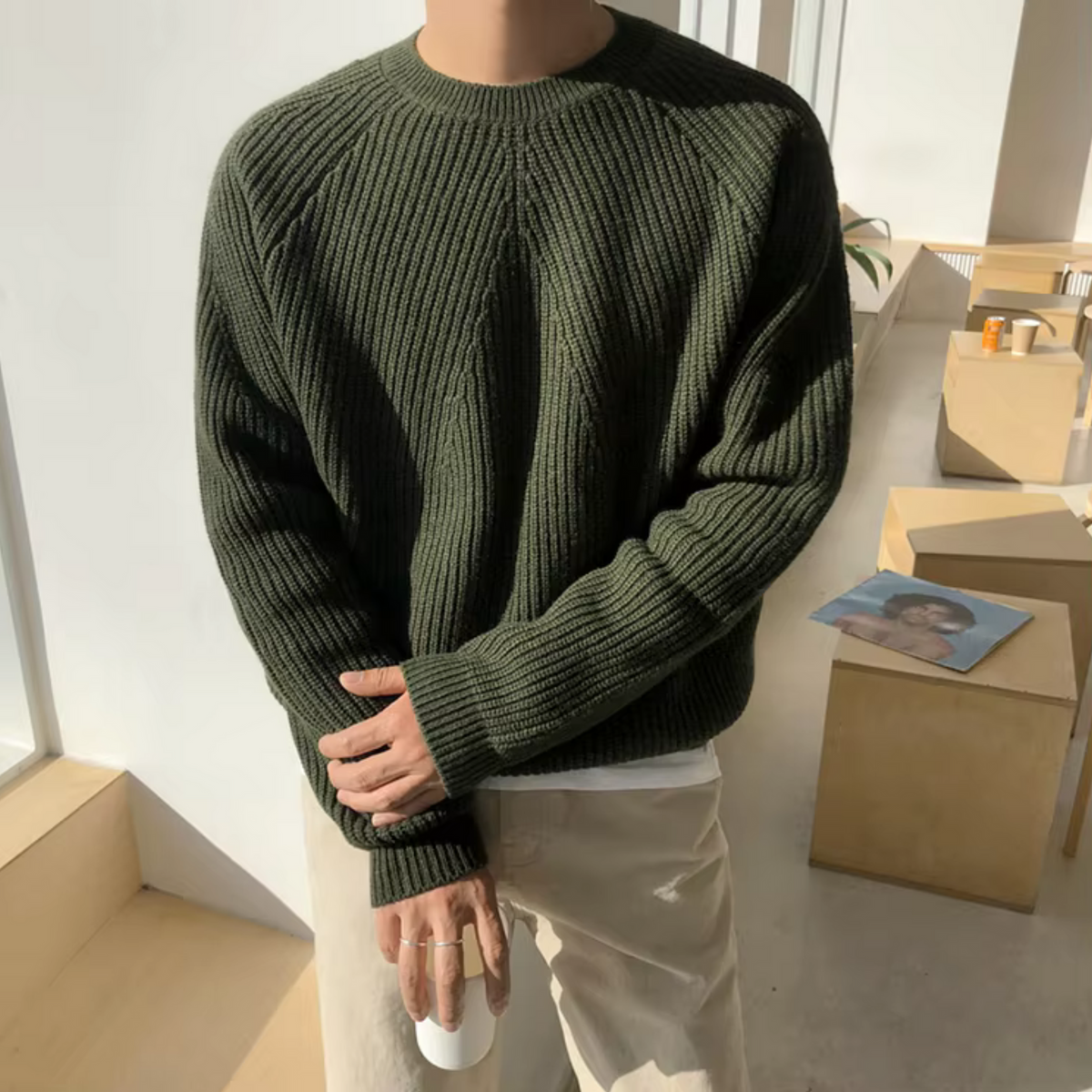 Men's Ribbed Sweater with Round Neck and Long Sleeves