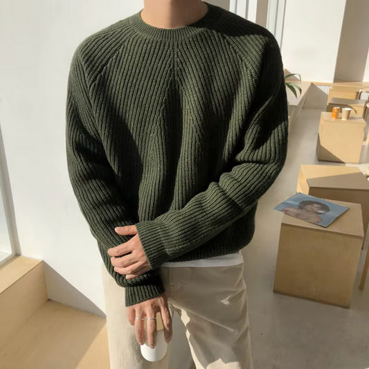 Men's Ribbed Sweater with Round Neck and Long Sleeves