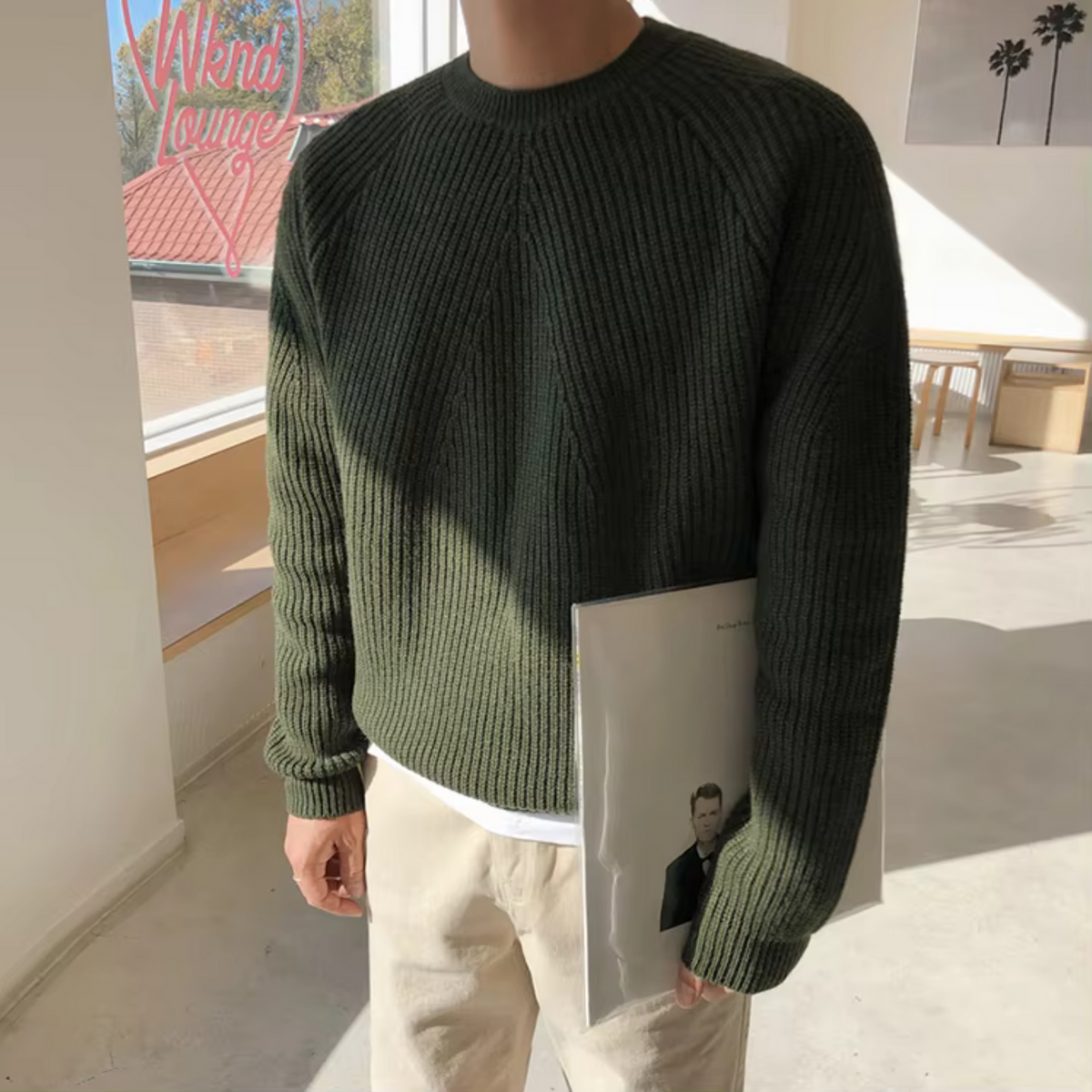 Men's Ribbed Sweater with Round Neck and Long Sleeves