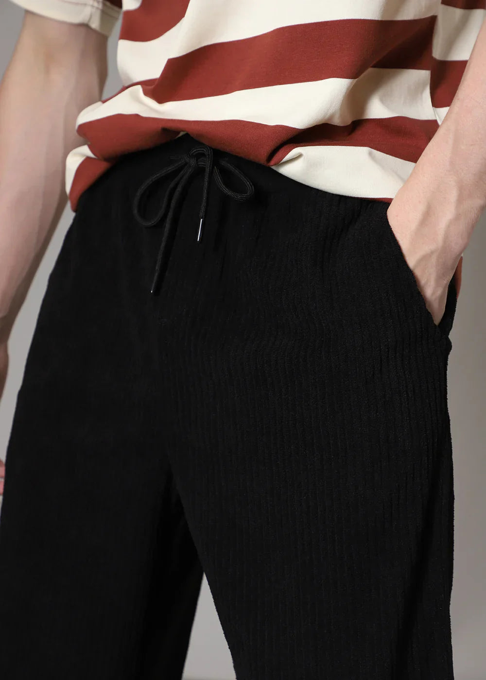 Men's Ribbed Wide-Leg Trousers with Drawstring Waist