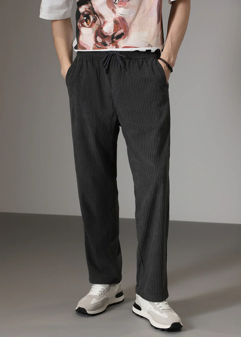 Men's Ribbed Wide-Leg Trousers with Drawstring Waist