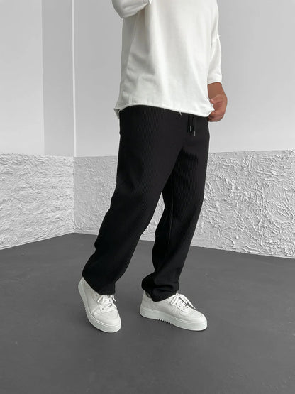 Men's Ribbed Wide-Leg Trousers with Drawstring Waist