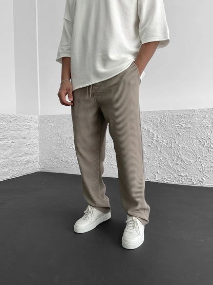 Men's Ribbed Wide-Leg Trousers with Drawstring Waist