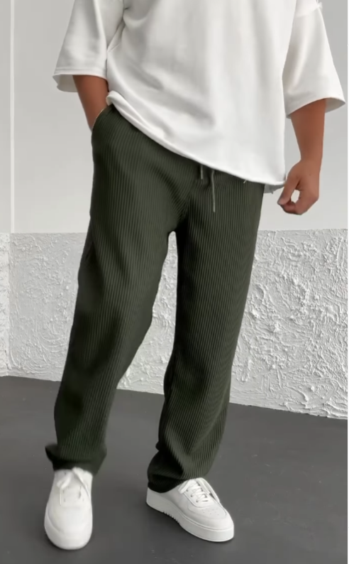 Men's Ribbed Wide-Leg Trousers with Drawstring Waist
