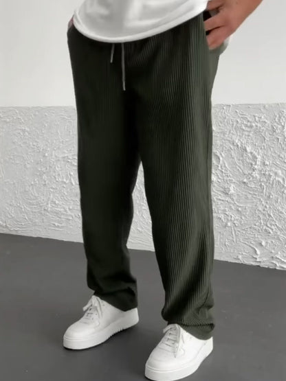 Men's Ribbed Wide-Leg Trousers with Drawstring Waist