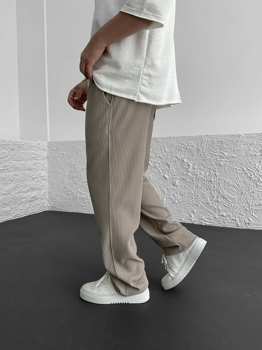 Men's Ribbed Wide-Leg Trousers with Drawstring Waist