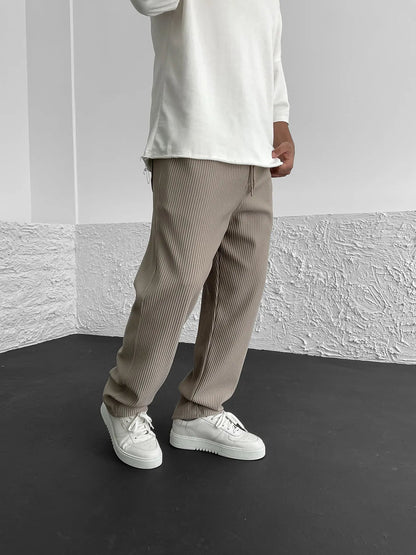Men's Ribbed Wide-Leg Trousers with Drawstring Waist