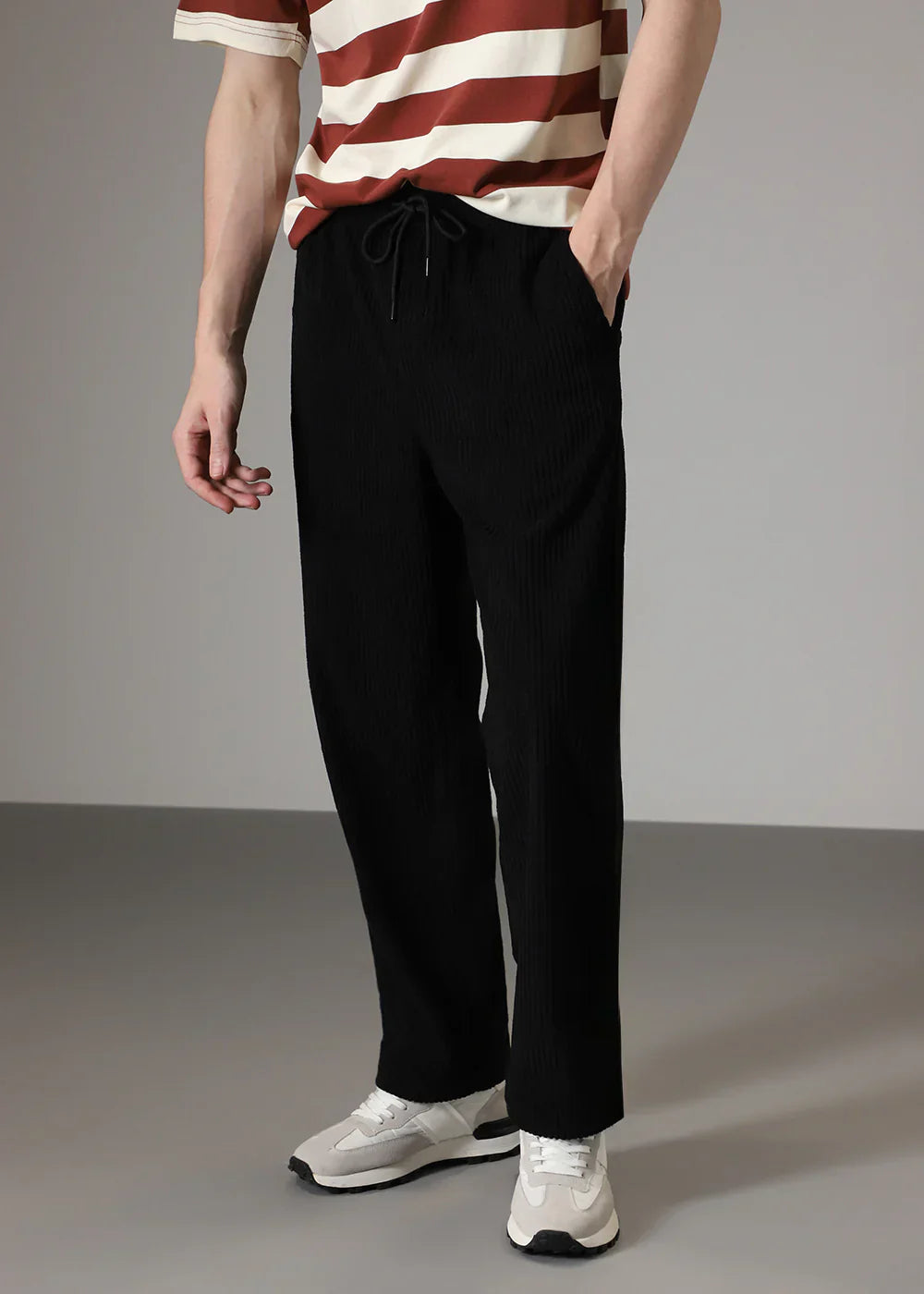 Men's Ribbed Wide-Leg Trousers with Drawstring Waist