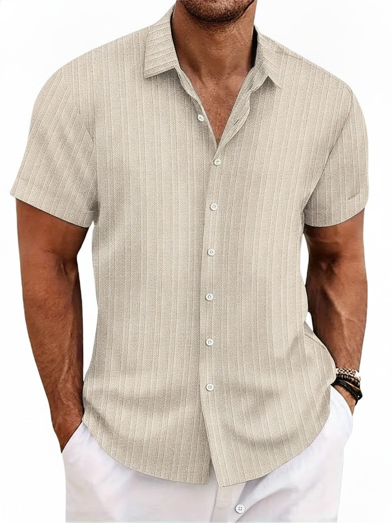 Men's Short Sleeve Button-Down Shirt with Notched Collar and Vertical Texture