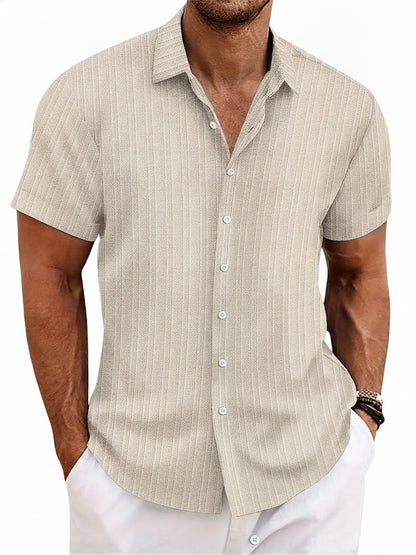 Men's Short Sleeve Button-Down Shirt with Notched Collar and Vertical Texture