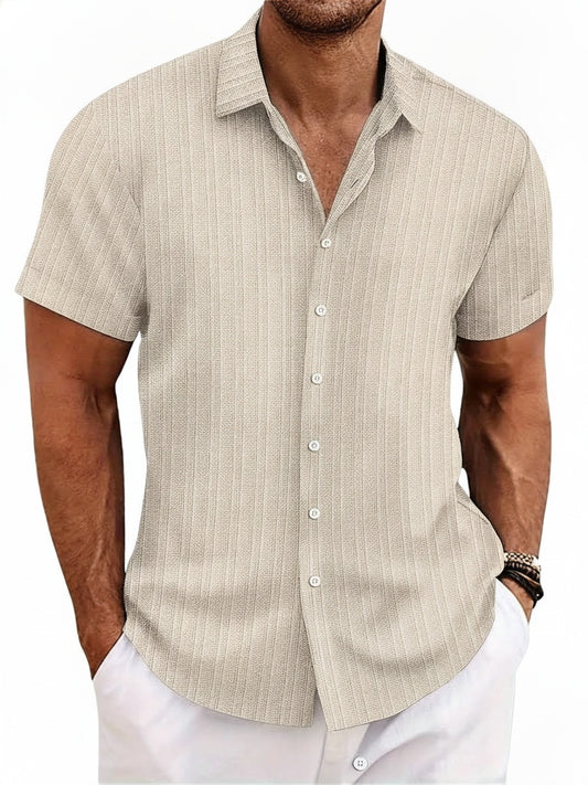 Men's Short Sleeve Button-Down Shirt with Notched Collar and Vertical Texture