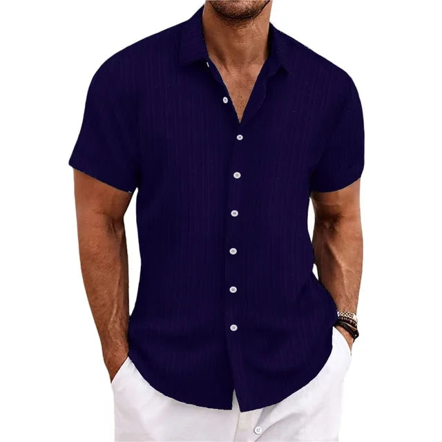 Men's Short Sleeve Button-Down Shirt with Notched Collar and Vertical Texture