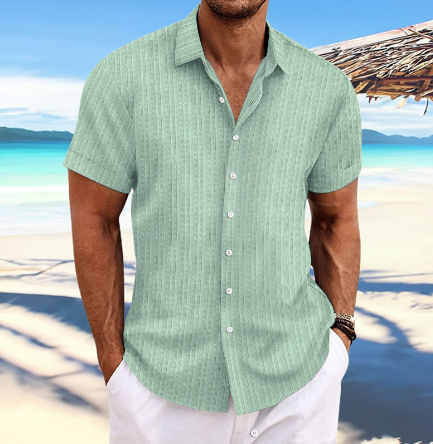Men's Short Sleeve Button-Down Shirt with Notched Collar and Vertical Texture