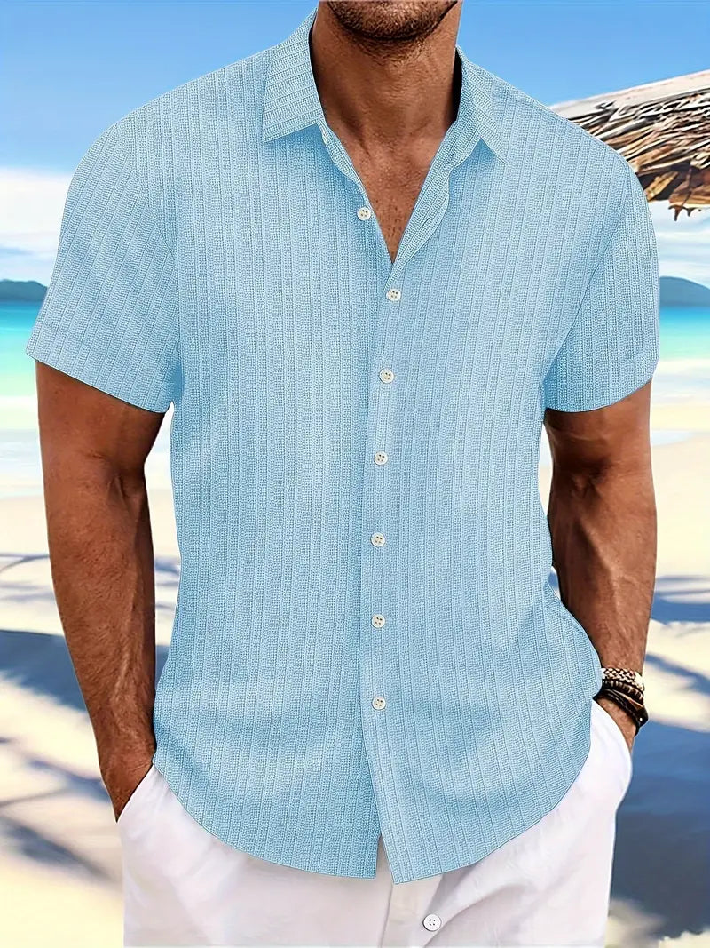 Men's Short Sleeve Button-Down Shirt with Notched Collar and Vertical Texture