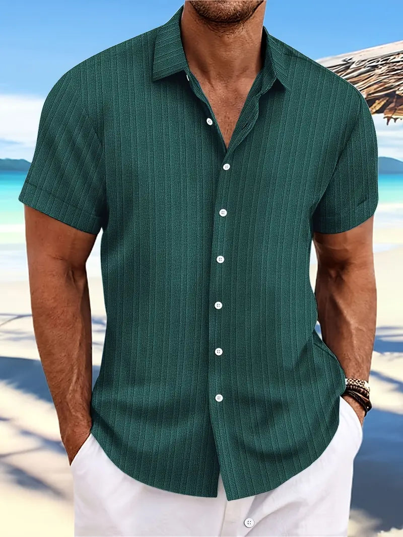 Men's Short Sleeve Button-Down Shirt with Notched Collar and Vertical Texture