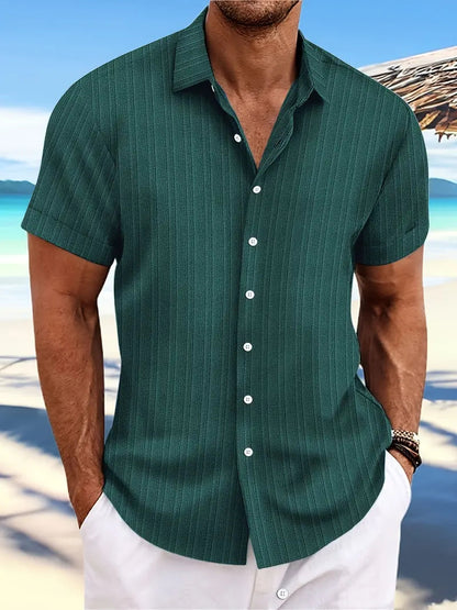 Men's Short Sleeve Button-Down Shirt with Notched Collar and Vertical Texture