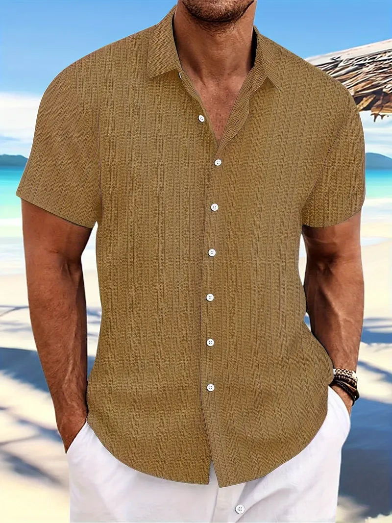 Men's Short Sleeve Button-Down Shirt with Notched Collar and Vertical Texture